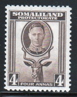 Somaliland Protectorate 1942 George VI Single Four Anna Sepia Stamp. - Somaliland (Protectorate ...-1959)