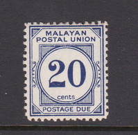 Malayan Postal Union D21 1951 Postage Due 20c Blue,perf 14,mint Hinged - Malaya (British Military Administration)