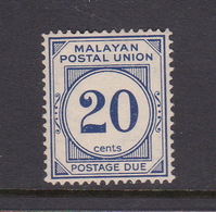 Malayan Postal Union D21a 1957 Postage Due 20c Blue,perf 12.5,mint Hinged - Malaya (British Military Administration)
