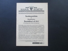 1956 Dokument / Sonderpreisliste Für Marken Deutschland Ab 1945 Hans Schütz Briefmarkengeschäft Leipzig - Advertising
