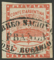 128 ARGENTINA: GJ.1, 5c. Small Figures, With Rosario Cancel Almost Complete, VF Qual - Sonstige & Ohne Zuordnung