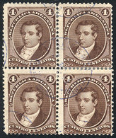 194 ARGENTINA: GJ.36, 4c. Moreno, Block Of 4 Used With Interesting Blue Cancel, VF - Otros & Sin Clasificación