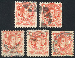 195 ARGENTINA: "GJ.38, 5 Examples With Different Cancels: 4 Mute (wedges, Star Of Có - Sonstige & Ohne Zuordnung