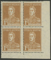 250 ARGENTINA: GJ.595, Corner Block Of 4 With Variety: IMPERFORATE At Right, VF! - Otros & Sin Clasificación