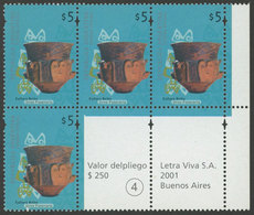333 ARGENTINA: GJ.3097CO2, 2000/8 5P. Indegenous Cultures, Block Of 4 Stamps + 2 Lab - Other & Unclassified