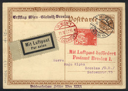 591 AUSTRIA: 21/DE/1927 First Flight Wien - Breslau, Postal Card Of VF Quality! - Autres & Non Classés