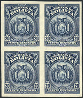 615 BOLIVIA: Sc.132, 1923/7 20c. Blue, IMPERFORATE BLOCK OF 4, Very Fine Quality! - Bolivia