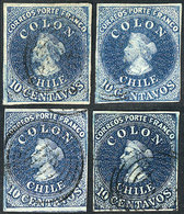 691 CHILE: Yvert 6, 1856/66 10c., 4 Examples, Different Shades, All Of 4 Margins, VF - Cile