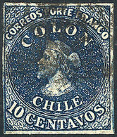 696 CHILE: Yvert 6d, 10c. Dark Blue, 4 Margins, Inverted Watermark, VF! - Chile