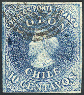 698 CHILE: Yvert 6, DIRTY PLATE Variety, With Blue Spots, 4 Wide Margins, Very Fine - Cile