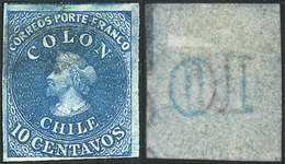 707 CHILE: Yvert 9a, Bluish Paper, Watermark With Vertical Lines And Letters At Righ - Cile
