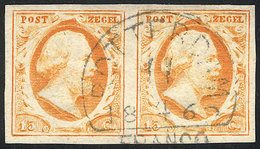 848 NETHERLANDS: Yv.3, 1852 William III 15c. Orange, Used PAIR, Superb! Very Fresh, - Altri & Non Classificati