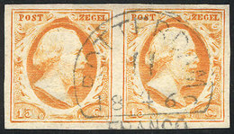 848 NETHERLANDS: Yv.3, 1852 William III 15c. Orange, Used PAIR, Superb! Very Fresh, - Otros & Sin Clasificación
