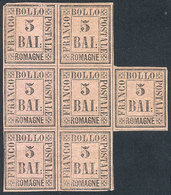 922 ITALY: Sc.6, 1859 5B., Block Of 7 Stamps Mint Original Gum, Several MNH, Excelle - Romagna