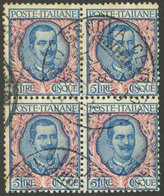 944 ITALY: Sc.91, 1901 5L. Blue And Rose In Used Block Of 4, VF Quality! - Sin Clasificación