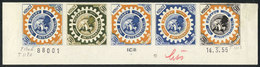 1037 MONACO: Yv.440, 1955 Rotary, Imperf Strip Of 5, COLOR PROOFS, VF! - Sonstige & Ohne Zuordnung