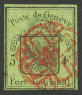 1186 SWITZERLAND: Sc.2L3, 1845/8 5c. Black On Yellow-green, Used With A Spectacular R - 1843-1852 Federal & Cantonal Stamps