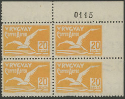 1248 URUGUAY: Sc.C15, 1928 Albatross 20c., Corner Block Of 4 IMPERFORATE At Right, Ex - Uruguay