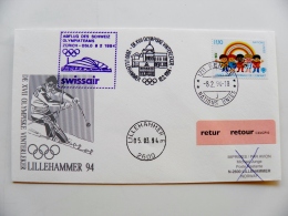 Cover Nations Unies Geneve Olympic Games Lillehammer 1994 Slalom Special Cancels Swissair To Norway And Returned Label - Inverno1994: Lillehammer