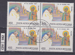 VATICANO  1984	Viaggi Giovanni Paolo II L. 450 Usato In Quartina - Used Stamps