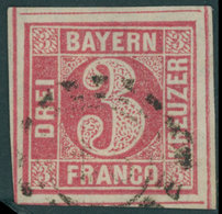 BAYERN 9 O, 1862, 3 Kr. Rosa Mit 4 Vollständigen Schnittlinien!, Offener Mühlradstempel, Kabinett - Otros & Sin Clasificación