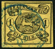 BRAUNSCHWEIG 6aY O, 1853, 1 Sgr. Schwarz Auf Sämisch, Wz. Mundstück Nach Links, Pracht, Mi. 120.- - Braunschweig