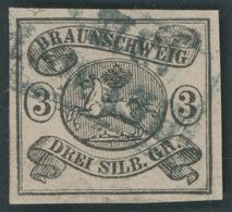 BRAUNSCHWEIG 8a O, 1853, 3 Sgr. Schwarz Auf Mattrosa, R2 HELMSTEDT, Kleine Mängel, Feinst - Braunschweig