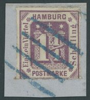 HAMBURG 20a BrfStk, 1866, 11/4 S. Dunkelbraunviolett Mit Blauem Dicken Vierstrichstempel, Kabinettbriefstück - Hambourg