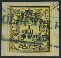 OLDENBURG 4a BrfStk, 1852, 1/10 Th. Schwarz Auf Hellgelb, Blauer R2 OLDENBURG, Prachtbriefstück, Mi. 120.- - Oldenbourg