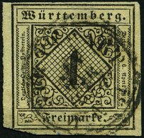 WÜRTTEMBERG 1yb O, 1851, 1 Kr. Schwarz Auf Mittelgraugelbem Seidenpapier, Untere Linke Ecke Leicht Knapp Sonst Pracht, G - Sonstige & Ohne Zuordnung