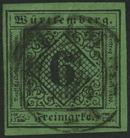 WÜRTTEMBERG 3b O, 1851, 6 Kr. Schwarz Auf Blaugrün, Pracht, Mi. 60.- - Otros & Sin Clasificación