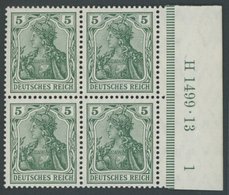 Dt. Reich 85Ia HAN VB **, 1905, 5 Pf. Grün Friedensdruck Im Randviererblock Mit HAN H 1499.13 Und Plattennummer 1, Postf - Oblitérés