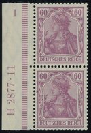Dt. Reich 92I HAN Paar **, 1911, 60 Pf. Graulila Friedensdruck Im Senkrechten HAN-Paar H 2877.11 Und Plattennummer 1, Po - Usados