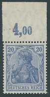 Dt. Reich 87IIcPOR **, 1915, 20 Pf. Blauviolett Kriegsdruck, Plattendruck, Oberrandstück, Postfrisch, Pracht, Gepr. Dr.  - Used Stamps