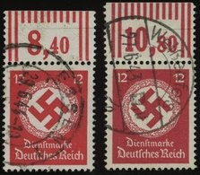 DIENSTMARKEN D 172a,bWOR O, 1944, 12 Pf., Beide Farben, Ohne Wz., Walzendruck, 2 Oberrandstücke, Pracht (1x Rückseitig B - Service