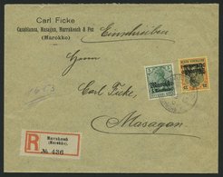 DP IN MAROKKO 47,50I BRIEF, 1913, 5 C. Auf 5 Pf. Grün, Mit Wz., Auf Einschreibbrief Mit Stempel MARRAKESCH DP C Nach Mas - Morocco (offices)