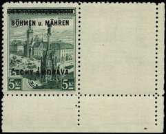 BÖHMEN UND MÄHREN 18LW **, 1939, 5 Kc. Olmütz Mit Waagerechtem Leerfeld, Bogenecke, Pracht, Gepr. Gilbert, Mi. (50.-) - Andere & Zonder Classificatie