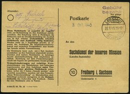 ALL. BES. GEBÜHR BEZAHLT LOBSTÄDT (BZ.LEIPZIG), 28.9.45, Violetter L2 Gebühr Bezahlt Und Datumsstempel Auf Suchdienstkar - Autres & Non Classés