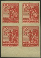 MECKLENBURG-VORPOMMERN 36yeU VB **, 1946, 12 Pf. Orangerot, Graues Papier, Ungezähnt, Im Viererblock Vom Unterrand, Prac - Altri & Non Classificati