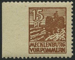 MECKLENBURG-VORPOMMERN 37yaUl **, 1946, 15 Pf. Gelbbraun, Graues Papier, Links Ungezähnt, Pracht, Mi. 160.- - Altri & Non Classificati