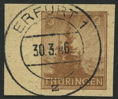 THÜRINGEN 92AYz2U O, 1946, 3 Pf. Orangebraun, Spargummierung, Dickes Papier, Fallende Papierstreifung, Ungezähnt, Linkes - Other & Unclassified