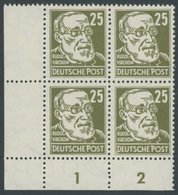 DDR 334z VB **, 1952, 25 Pf. Virchow, Gewöhnliches Papier, Im Linken Unteren Eckrandviererblock, Postfrisch, Pracht, Mi. - Usati