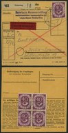 BUNDESREPUBLIK 133 VB BRIEF, 1954, 40 Pf. Posthorn Im Viererblock (leichte Zahnebenheiten) Rückseitig Auf Eil-Paketkarte - Gebraucht