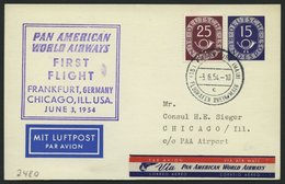 ERST-UND ERÖFFNUNGSFLÜGE 2480 BRIEF, 3.6.54, Frankfurt-Chicago, 15 Fg. Posthorn Ganzsachenkarte Mit Zusatzfankatur, Prac - Storia Postale