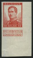 BELGIEN 100IIU **, 1912, 10 C. König Adalbert I., Ohne Entwerfernamen, Untere Rechte Ungezähnte Bogenecke, Pracht - Other & Unclassified
