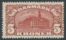 DÄNEMARK 66 *, 1912, 5 Kr. Hauptpost, Wz. 1, Mit Abart KJÖBFNHAVN (Facit 120v2), Falzrest, Pracht, Facit 6000.- Skr. - Usati