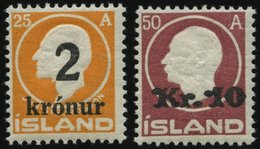 ISLAND 119/20 *, 1925/6, 2 Kr. Auf 25 A. Orange Und 10 Kr. Auf 50 A. Lilarot, Fast Postfrisch, Pracht - Altri & Non Classificati