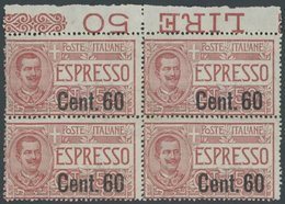 ITALIEN 148 VB **, 1922, 60 C. Auf 50 C. Eilmarke Im Oberrandviererblock, üblich Gezähnt, Postfrisch, Pracht, Mi. 240.- - Ohne Zuordnung