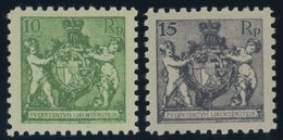 LIECHTENSTEIN 50A,52A **, 1921, 10 Rp. Dunkelgelblichgrün Und 15 Rp. Schwarzgrauviolett, Gezähnt L 91/2, Postfrisch, 2 P - Sonstige & Ohne Zuordnung