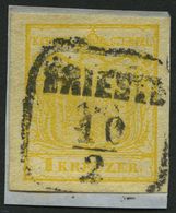 ÖSTERREICH 1Xd BrfStk, 1850, 1 Kr. Kadmiumgelb, Handpapier, Type III, K3 TRIESTE, Breitrandig, Knappes Prachtbriefstück, - Altri & Non Classificati